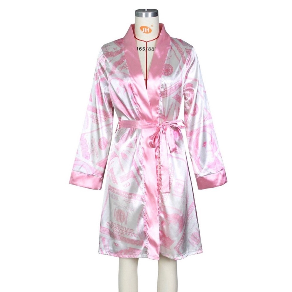 Silky Pink Money Print Kimono Robe New - Picture 2 of 3